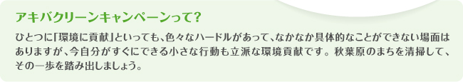 アキバクリーンキャンペーンって?
ひとつに「環境に貢献」といっても、色々なハードルがあって、なかなか具体的なことができない場面はありますが、今自分がすぐにできる小さな行動も立派な環境貢献です。 秋葉原のまちを清掃して、その一歩を踏み出しましょう。